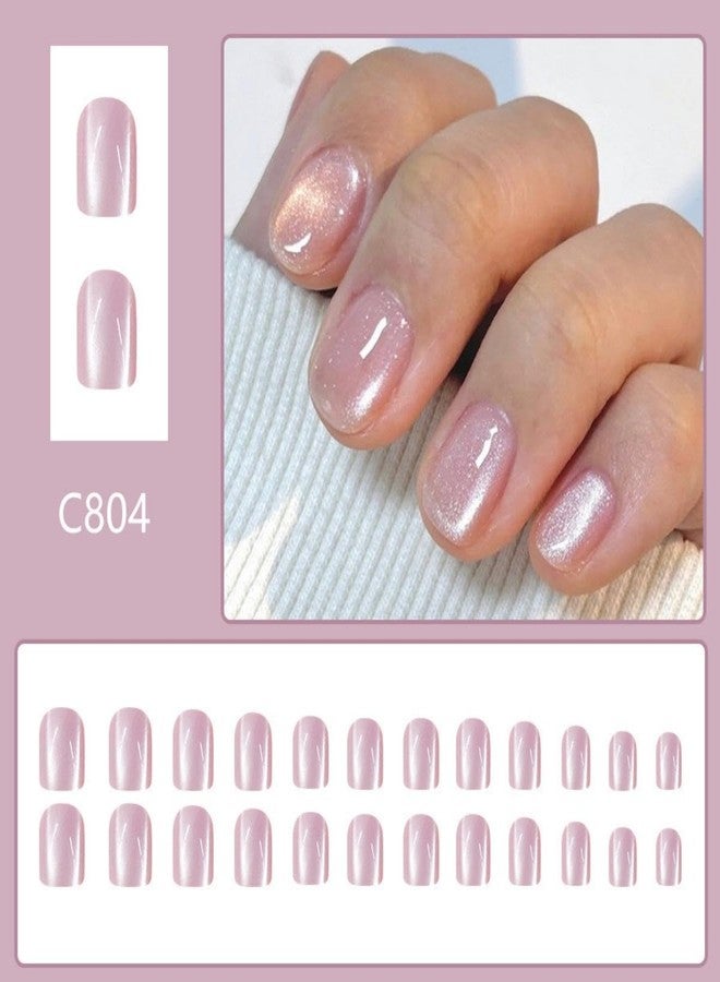 Sevgob Shiny Glitter Press on Nails Short Square Fake Nails with Cat-Eyes Designs Bling Nails Press ons Nude False Nails Glossy Spring Nail Reusable for Women Girls Daily Manicure 24PCS - Image 2